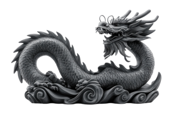 A Majestic Chinese Dragon Statue, Coiled Elegantly Amidst Stylized Waves, Embodying Power, Grace, And Ancient Mythology In A Monochromatic 3d Render Isolated on Transparent Background