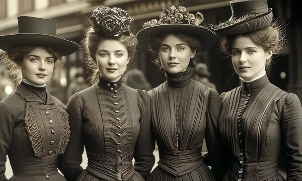 Young European ladies of 1880th, students, friends group walking one street, vintage