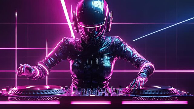 Futuristic dj performing in neonlit cyberpunk club with energetic music and vivid lights