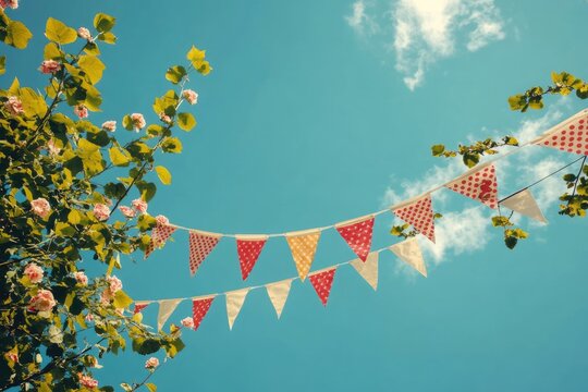 Union Jack Bunting against the Sky. British Flag Decoration for Outdoor Celebration