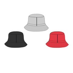 Bucket Hat Vector Mockup | Fashion Illustration & Tech Pack Template | White, Black & Red Bucket Hats Isolated on White Background | Stylish & Trendy Headwear for Fashion Design