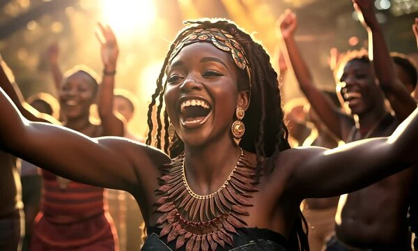 Happy young tribe woman with traditional decoration   dancing