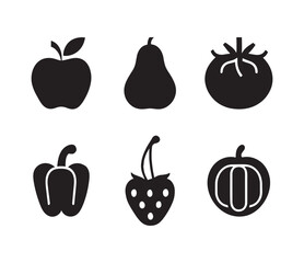 Minimalist Black and White Fruit Icons – Apple, Pear, Tomato & More