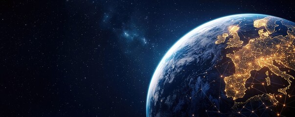 Earth at night highlighting world map and finance connections concept. A stunning view of Earth illuminated by city lights from space.