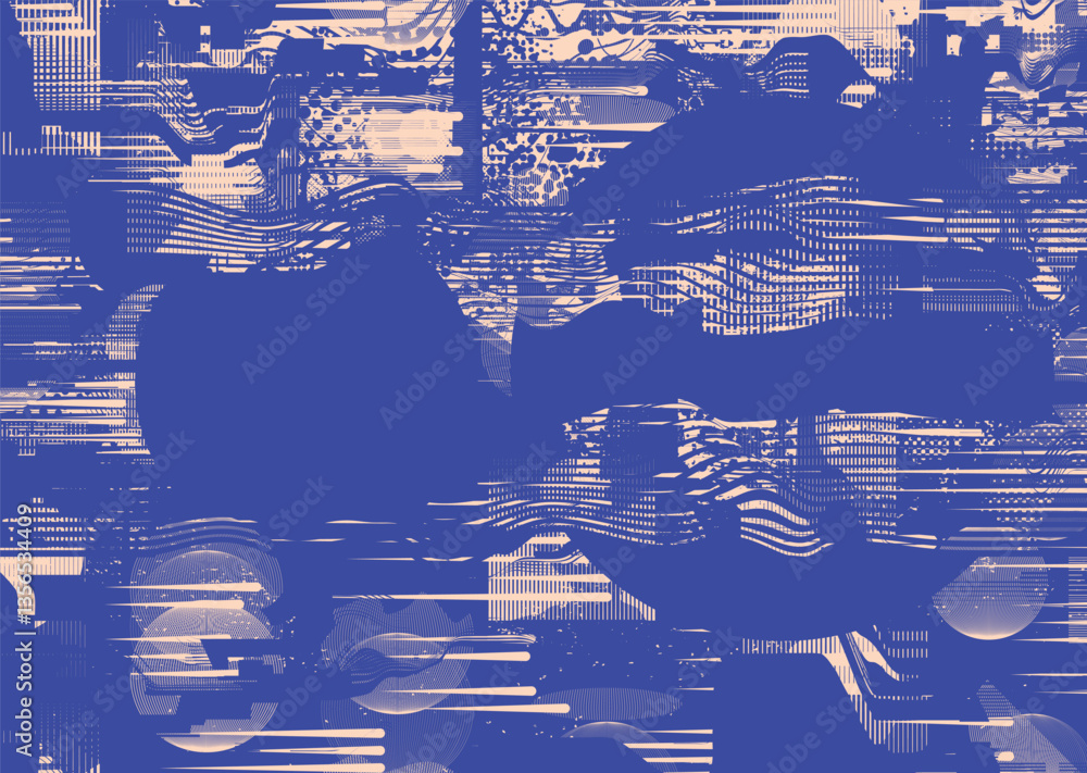 Poster Background with glitch distorted grunge textures . grunge background texture with halftone dots, glitched shapes, textures and lines .Screen print vector background with grunge textured surface.