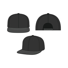 Fitted Black Hat Mockup – Front, Side, Back & Top Views | Blank Snapback Cap Vector for Fashion Design & Tech Pack Template