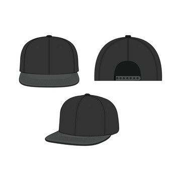 Fitted Black Hat Mockup &ndash; Front, Side, Back & Top Views | Blank Snapback Cap Vector for Fashion Design & Tech Pack Template