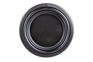 Close-up of circular black speaker with metal grill design for audio systems, cut out
