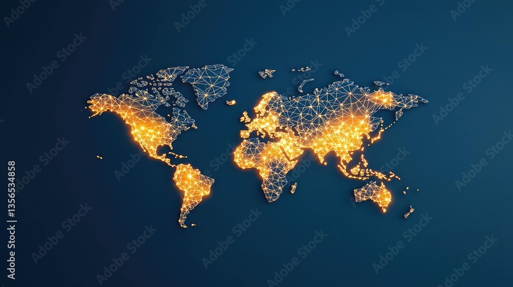 Poster earth at night showing world map and digital finance concept. abstract world map made of glowing con