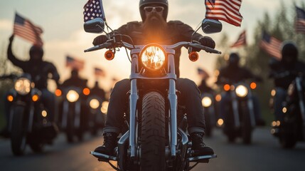 Biker Rally at Sunset with American Flags and Strong Riders