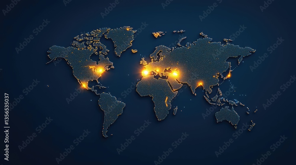 Poster earth at night showing world map and digital finance concept. illuminated world map showcasing globa