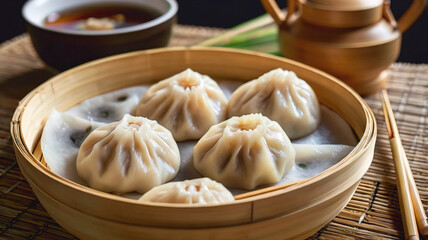Chinese steamed dumpling and steamed pork bun in a bamboo steamer with chopstick