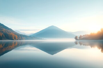 Misty Sunrise Lake for Autumn Mountains.