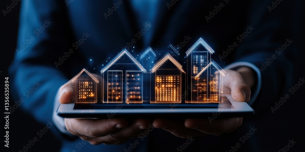 Poster realtor analyzing digital housing data through a tablet with modern house graphics representing real