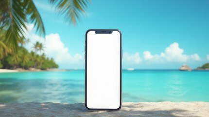 Smartphone with blank white screen standing on sand against tropical beach background. Mockup for app or website presentation