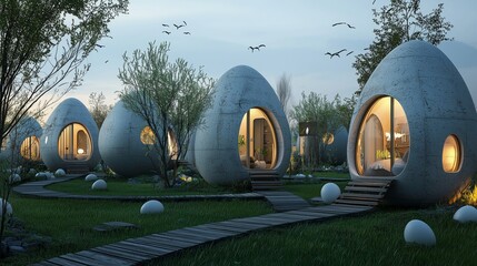 Unique egg-shaped structures host vibrant Easter festival in a picturesque garden setting