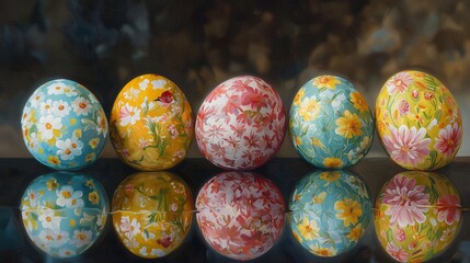 Colorful easter eggs on a reflective surface showcase vibrant designs during the festive celebration