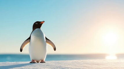 Obraz premium Penguin on snow, sunny Antarctic scene