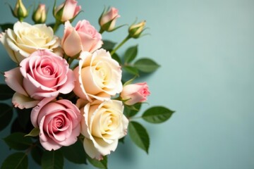 A beautiful arrangement of vintage roses in soft pastel colors surrounded by delicate green foliage,  retro,  romantic