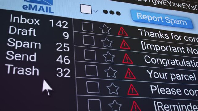 Video animation of an e-mail inbox folder in the internet browser with a spam e-mail which is marked and removed  close-up.