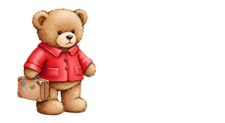 A teddy bear is holding a suitcase and wearing a red jacket on white