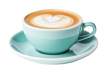 Fototapeta premium Teal cup of cappuccino with latte art heart on saucer, cut out