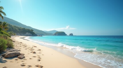 Fototapeta premium Tropical beach with turquoise ocean, golden sand, green hills and footprints under blue sky on sunny summer day