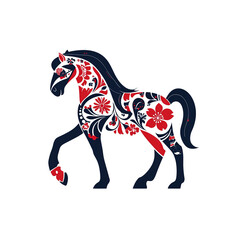 Obraz premium Ornate Floral Horse Silhouette Dark Blue and Red Design