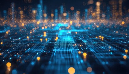 Abstract digital city network.  A futuristic, technology-driven cityscape, where data streams and connections create a complex, glowing network. 