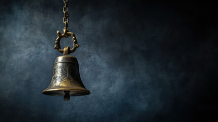 A vintage brass bell swinging from a delicate chain, captured in a hypnotic arc with a subtle motion blur effect. The aged patina of the metal adds character, contrasting beautifully against the dar
