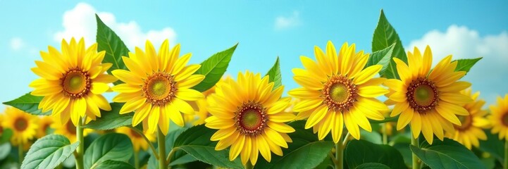 Obraz premium A beautiful bouquet of vibrant yellow sunflowers, with lush green leaves and a clear blue sky in the background, bright, sunflowers