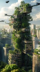 Obraz premium An eco-friendly city with buildings made of sustainable materials, blending nature and urban life harmoniously.