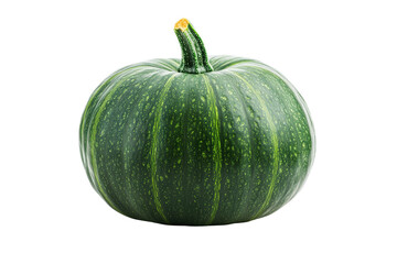 Green striped pumpkin on black background with yellow stem, cut out