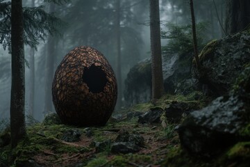 Obraz premium Mysterious egg-shaped structure resting in a foggy forest during early morning hours