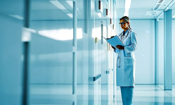 Female attractive doctor with clipboard, holds notes for hospital schedule, history record, healthcare checklist. Background with copy space
