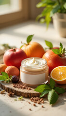 Natural skincare cream with fruits on wooden table.