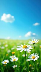A beautiful field of white and yellow daisies under a bright blue sky,  meadow,  outdoor