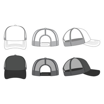 Trucker Cap Mesh Cap Template Illustration - White & Black. Technical Drawing and Tech Pack Template for Fashion Design. Streetwear Hat Vector Mockup for Apparel Branding and Graphic Design