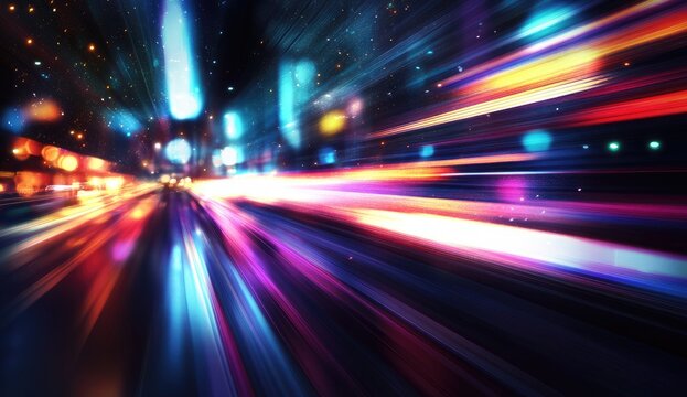 Night city lights streaks.  Fast-moving vibrant urban scene