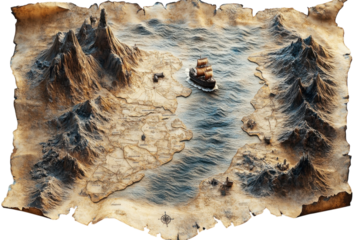 A Weathered Treasure Map Depicting A Perilous Voyage To A Mystical Island Kingdom, With A Lone Sailing Ship Braving The Rough Seas And Craggy Coastline, Rendered In A Textured Parchment Style Isolated