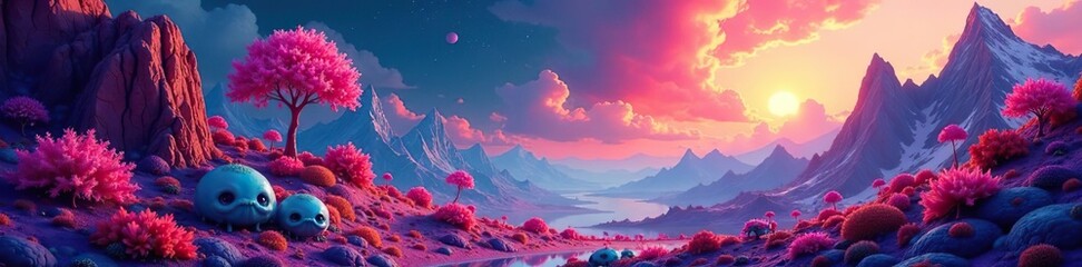 Abstract and surreal psychedelic landscape with vibrant creatures and ethereal landscapes,  mind,  vibrant