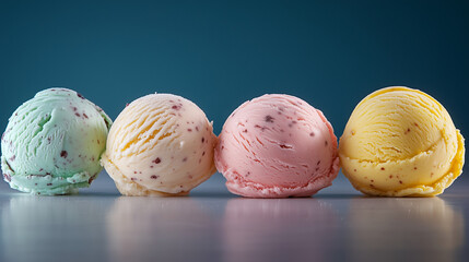 Set of different balls ice cream isolated on the blue background. Summer and sweet menu concept. Cooling summer dessert. AI generation