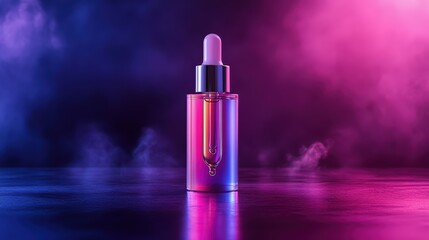 Innovative bottle of liquid collagen booster serum set against a futuristic pink and blue background design