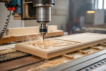Close-up Of Industrial CNC Router Cutting Wood Woodworking, Carpentry, And Manufacturing Concept