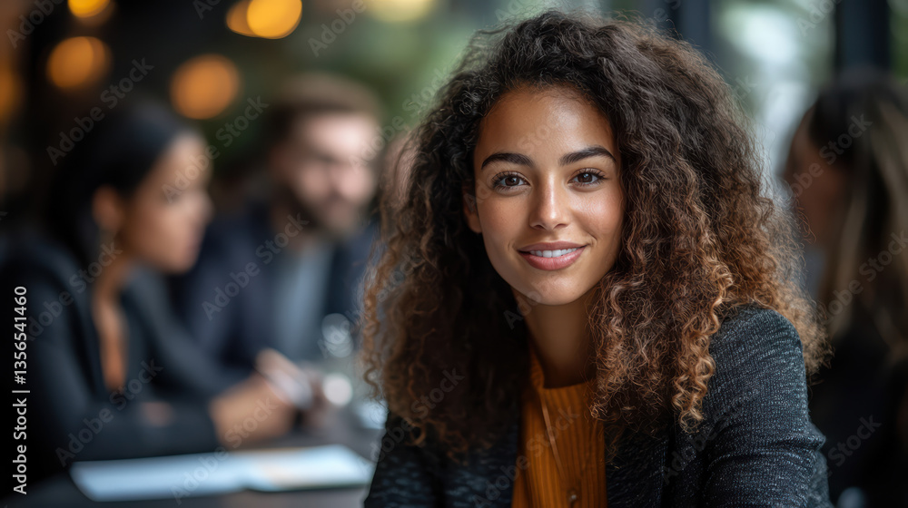 Poster confident woman with curly hair presenting her skills and qualifications in a group interview settin