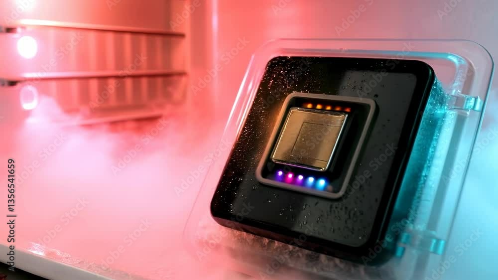 Poster advanced technology device stored in a modern refrigerator with vapor and neon lighting effects high