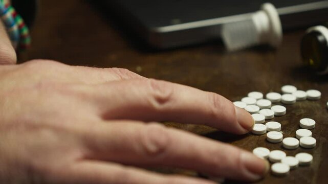Lifeless hand rests on top of medication pills scattered on desktop CLOSE-UP