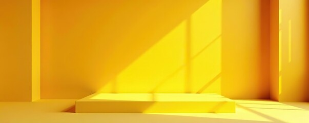 Abstract autumn yellow studio room with shadow on floor and wall, featuring a minimal cosmetic presentation podium on a yellow orange cement backdrop stage table,  table,  loft