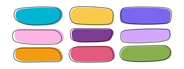 Set of colorful organic shapes in doodle style. Templates for textboxes, speech or quote bubbles, message or dialogue balloons, tags or labels isolated on white background. Vector flat illustration.