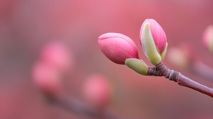 Fototapeta premium Pink Flower Buds Blooming on Branch Spring Nature